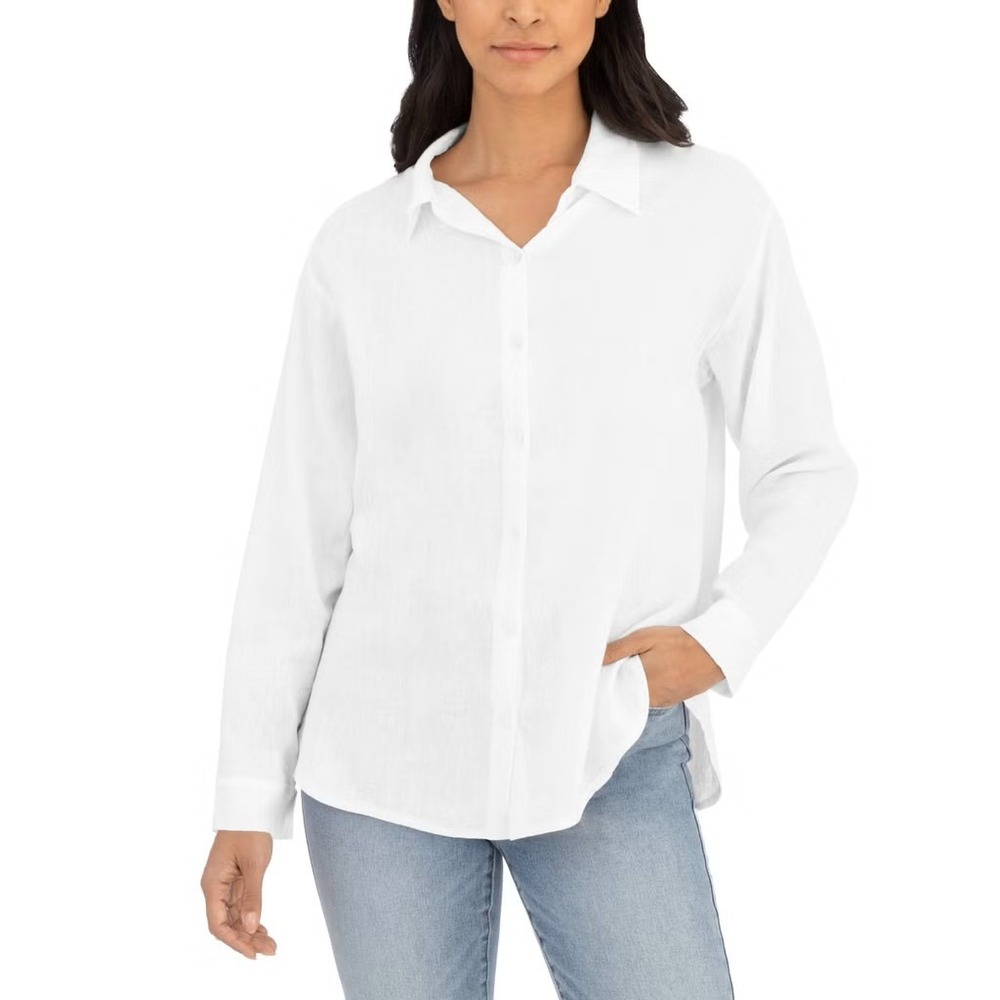 BLANK NYC Linen Blend Button Up Shirt Sz Small White Long Sleeve Top Blouse NWT
